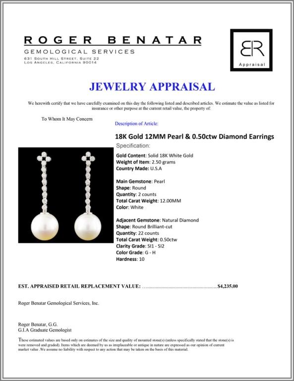 18K Gold 12MM Pearl & 0.50ctw Diamond Earrings