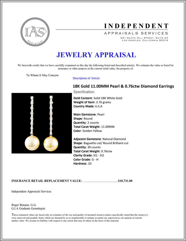 18K Gold 11.00MM Pearl & 0.76ctw Diamond Earrings