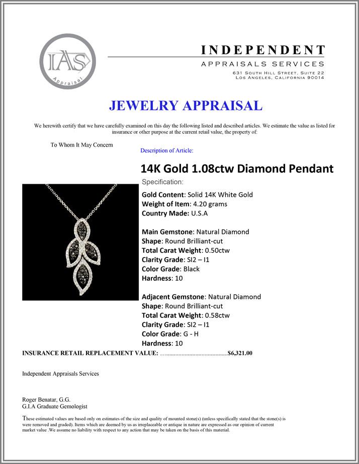 14K Gold 1.08ctw Diamond Pendant