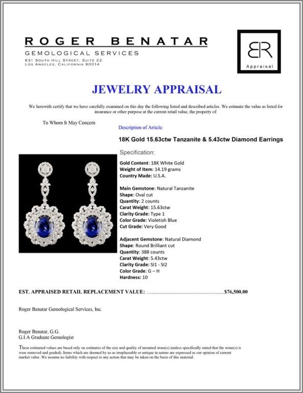 18K Gold 15.63ctw Tanzanite & 5.43ctw Diamond Earr