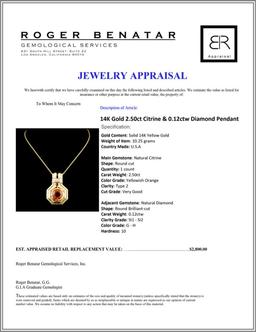 14K Gold 2.50ct Citrine & 0.12ctw Diamond Pendant