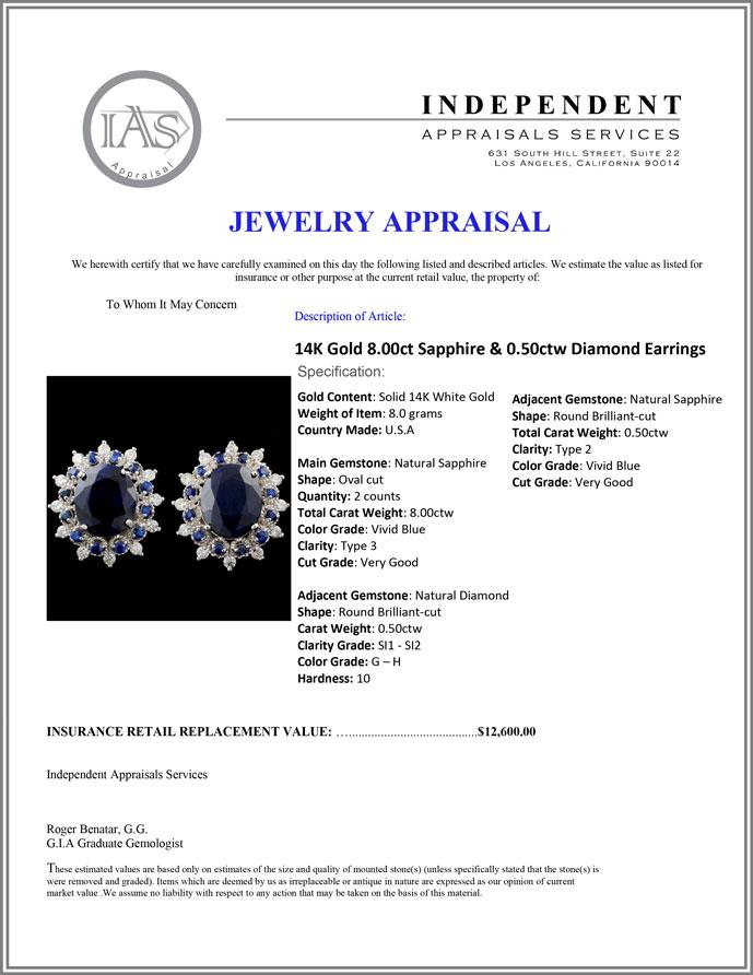 14K Gold 8.00ct Sapphire & 0.50ctw Diamond Earring