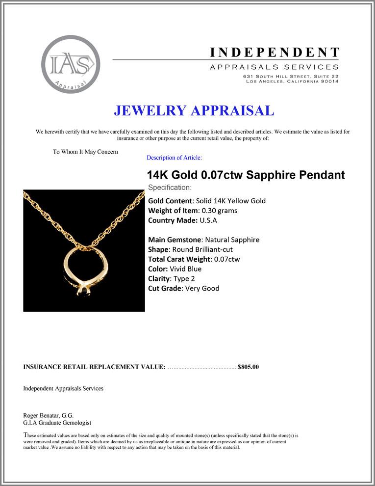14K Gold 0.07ctw Sapphire Pendant