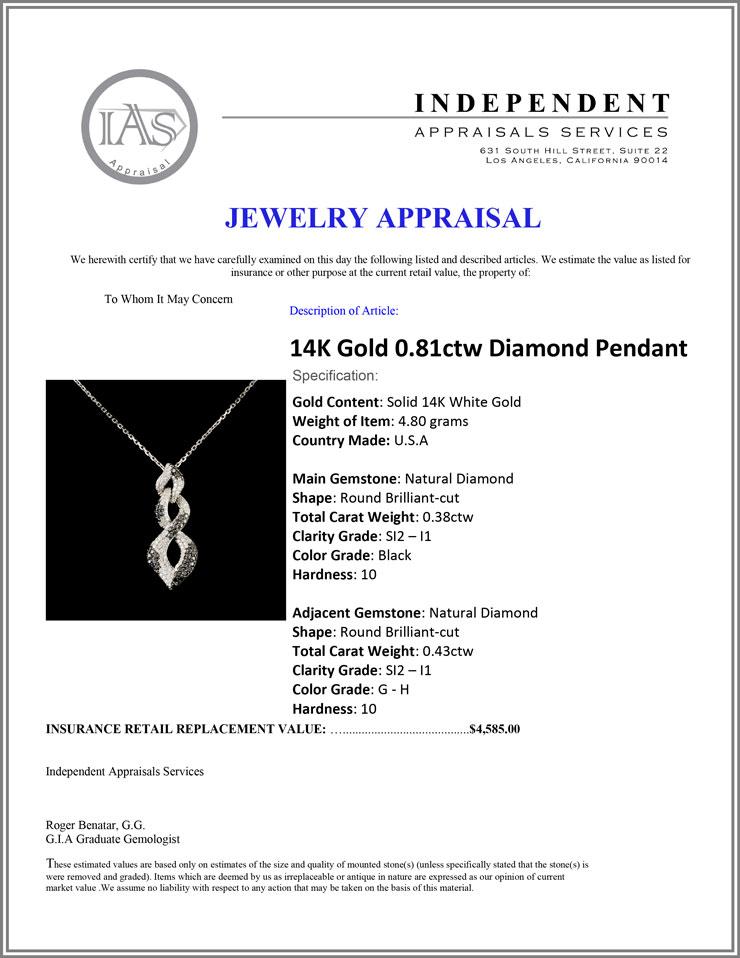 14K Gold 0.81ctw Diamond Pendant