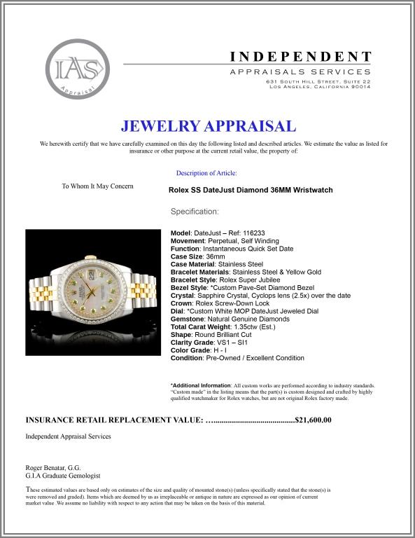 Rolex DateJust 116233 YG/SS Diamond 36MM Watch