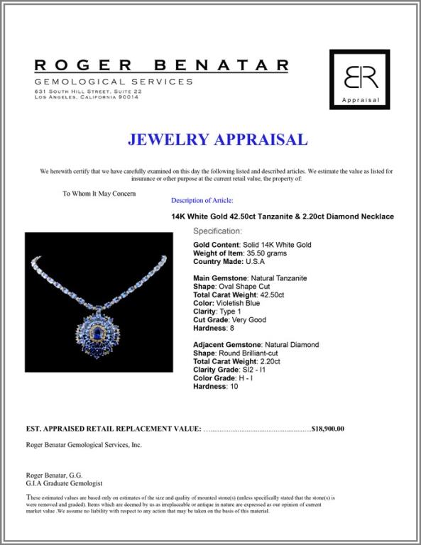 14K White Gold 42.50ct Tanzanite & 2.20ct Diamond