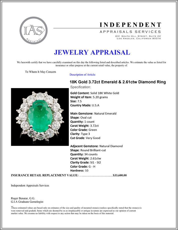 18K Gold 3.72ct Emerald & 2.61ctw Diamond Ring