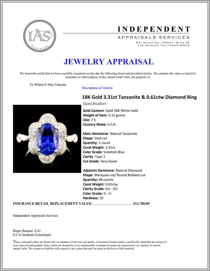 18K Gold 3.31ct Tanzanite & 0.61ctw Diamond Ring
