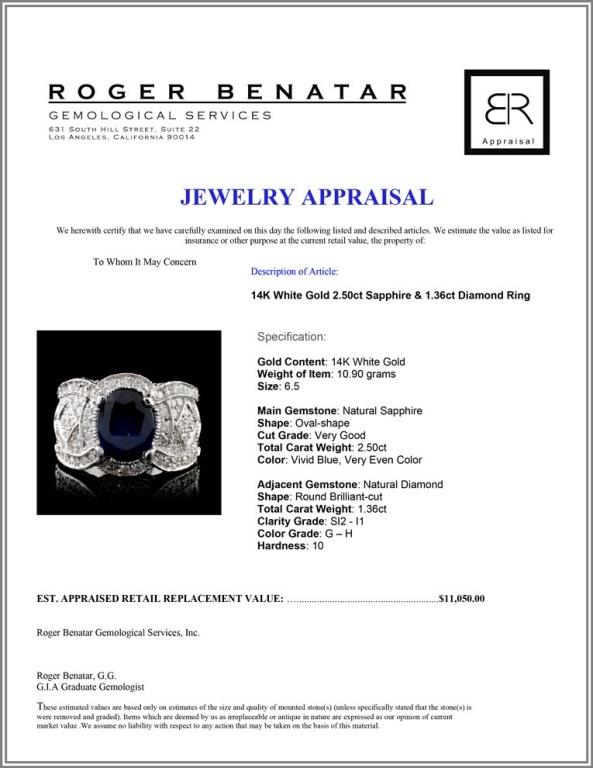 14K White Gold 2.50ct Sapphire & 1.36ct Diamond Ri