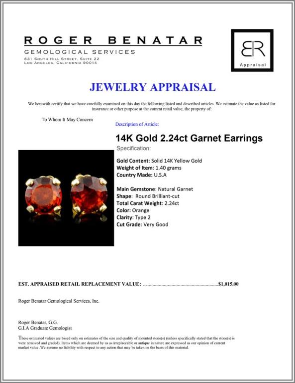 14K Gold 2.24ct Garnet Earrings