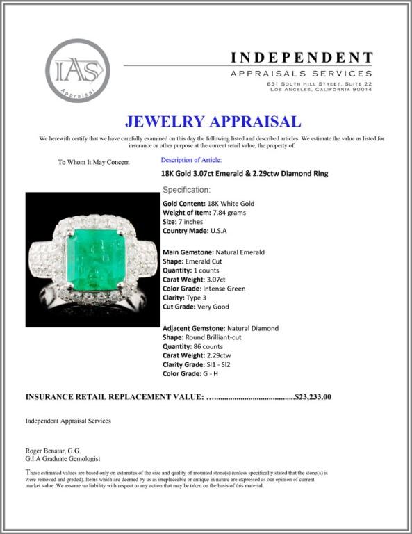 18K Gold 3.07ct Emerald & 2.29ctw Diamond Ring