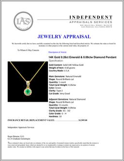 14K Gold 0.26ct Emerald & 0.09ctw Diamond Pendant