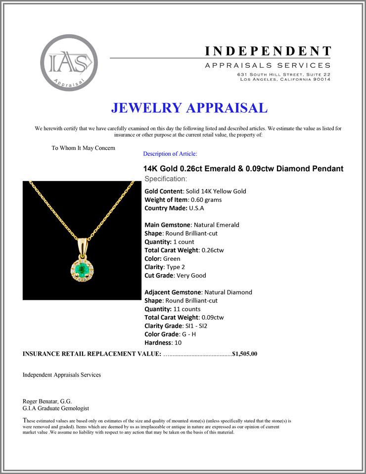 14K Gold 0.26ct Emerald & 0.09ctw Diamond Pendant