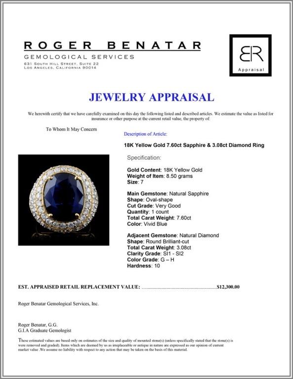 18K Yellow Gold 7.60ct Sapphire & 3.08ct Diamond R