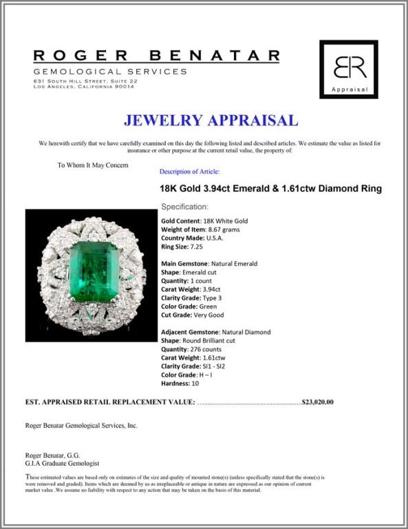 18K Gold 3.94ct Emerald & 1.61ctw Diamond Ring