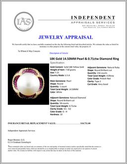 18K Gold 14.50MM Pearl & 0.71ctw Diamond Ring