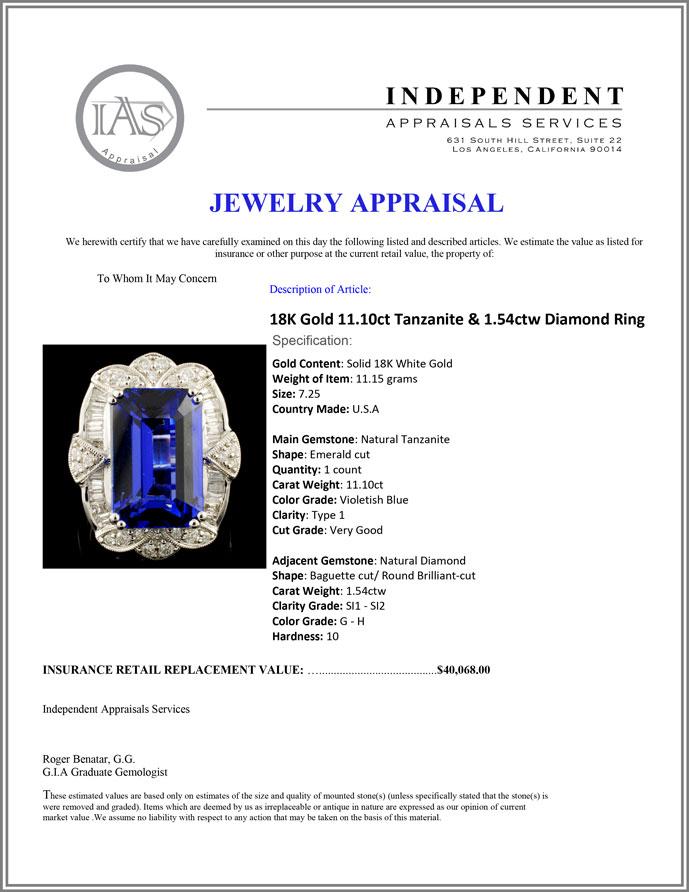 18K Gold 11.10ct Tanzanite & 1.54ctw Diamond Ring