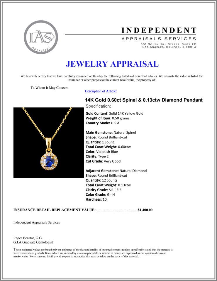 14K Gold 0.60ct Spinel & 0.13ctw Diamond Pendant