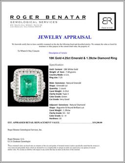 18K Gold 4.25ct Emerald & 1.39ctw Diamond Ring