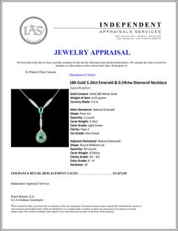 18K Gold 5.26ct Emerald & 0.59ctw Diamond Necklace