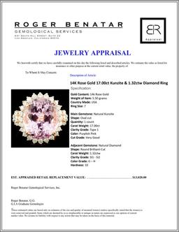 14K Rose Gold 17.00ct Kunzite & 1.32ctw Diamond Ri