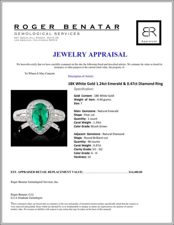 18K White Gold 1.24ct Emerald & 0.47ct Diamond Rin