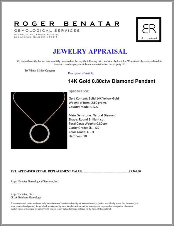 14K Gold 0.80ctw Diamond Pendant