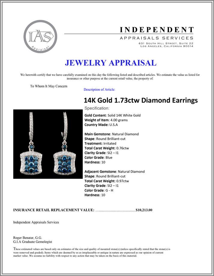 14K Gold 1.73ctw Diamond Earrings