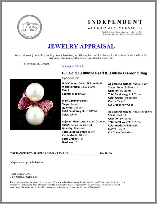 18K Gold 13.00MM Pearl & 0.48ctw Diamond Ring