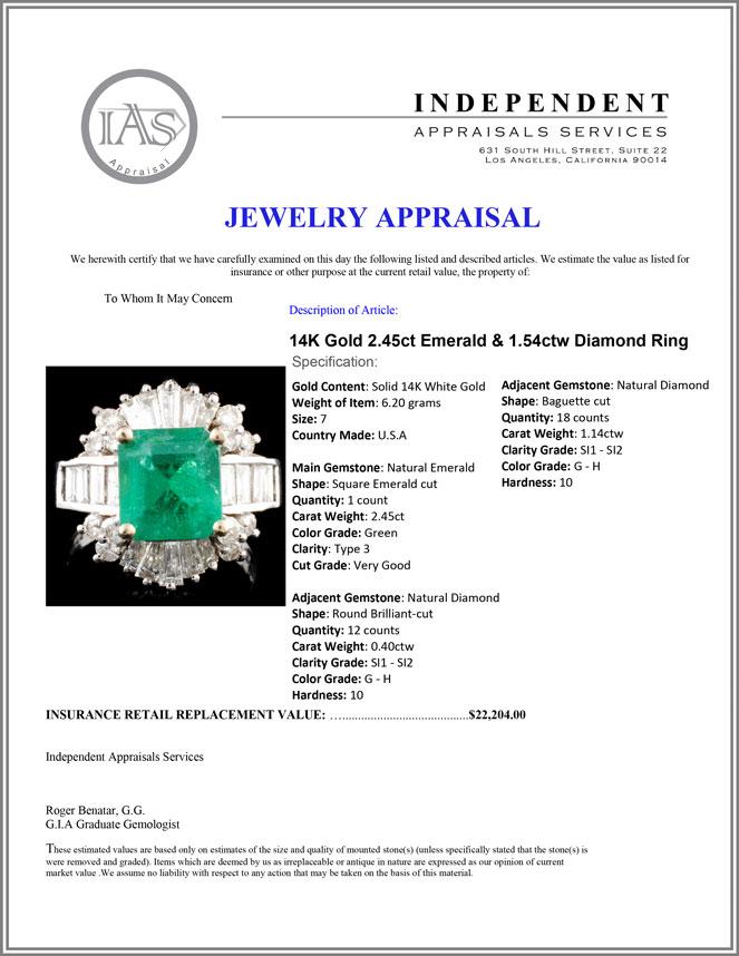 14K Gold 2.45ct Emerald & 1.54ctw Diamond Ring