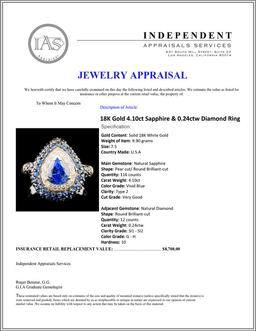 18K Gold 4.10ct Sapphire & 0.24ctw Diamond Ring