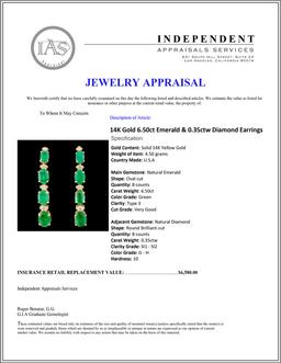 14K Gold 6.50ct Emerald & 0.35ctw Diamond Earrings