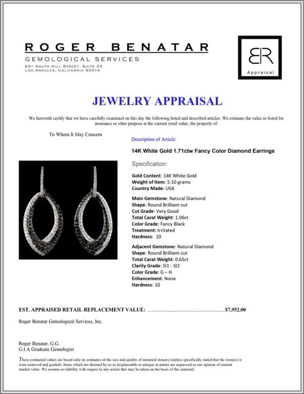14K White Gold 1.71ctw Fancy Color Diamond Earring