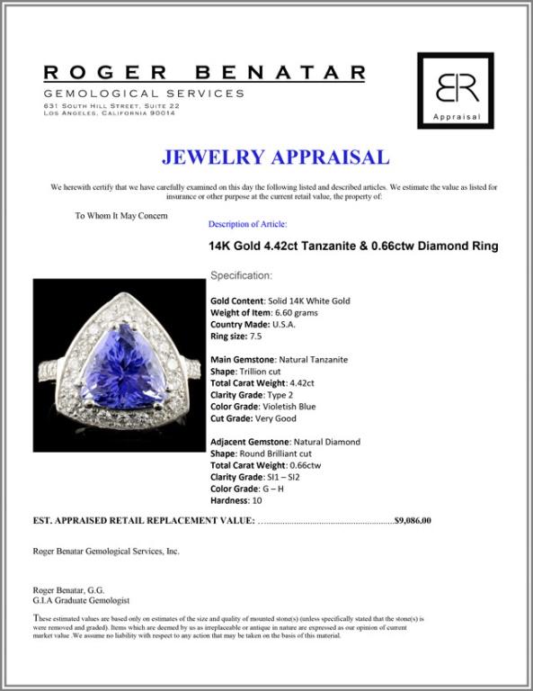 14K Gold 4.42ct Tanzanite & 0.66ctw Diamond Ring