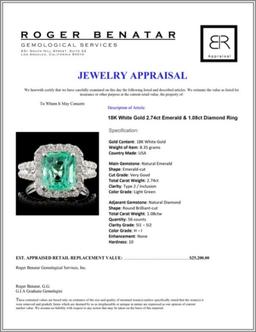 18K White Gold 2.74ct Emerald & 1.08ct Diamond Rin