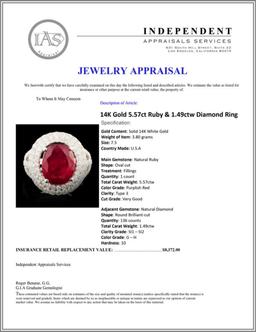 14K Gold 5.57ct Ruby & 1.49ctw Diamond Ring