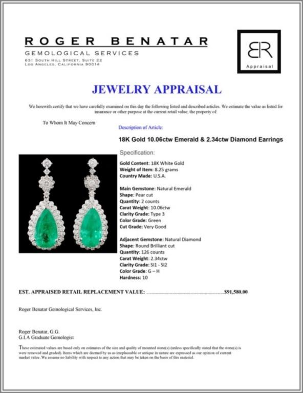 18K Gold 10.06ctw Emerald & 2.34ctw Diamond Earrin