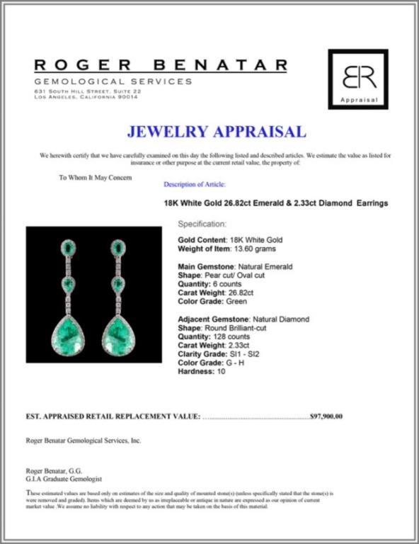 18K White Gold 26.82ct Emerald & 2.33ct Diamond Ea