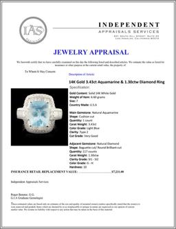 14K Gold 3.43ct Aquamarine & 1.30ctw Diamond Ring