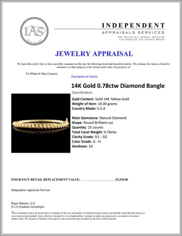 14K Gold 0.78ctw Diamond Bangle