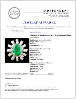 14K Gold 3.18ct Emerald & 1.76ctw Diamond Ring