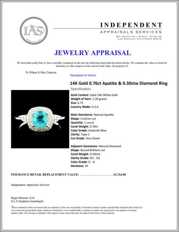 14K Gold 0.76ct Apatite & 0.30ctw Diamond Ring