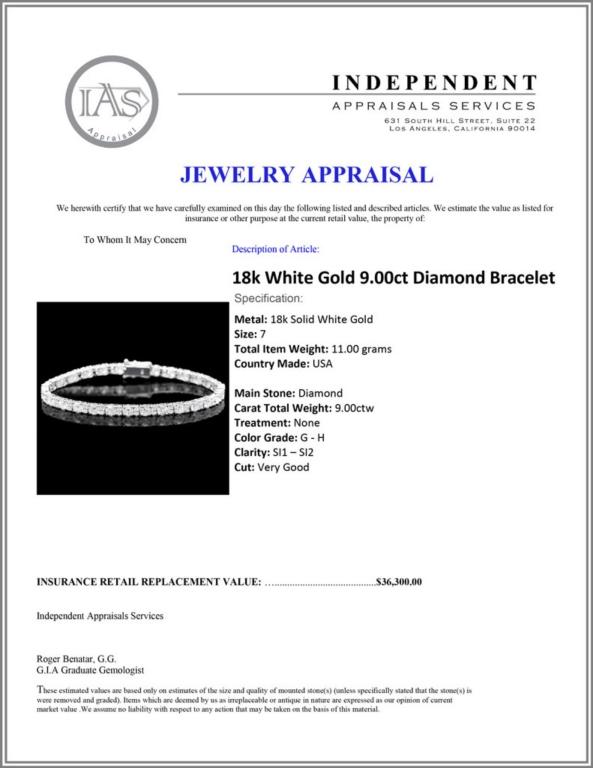 ^18k White Gold 9.00ct Diamond Bracelet