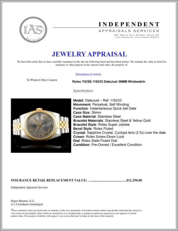 Rolex DateJust 116233 YG/SS Fluted 36MM Watch