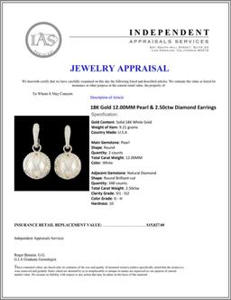 18K Gold 12.00MM Pearl & 2.50ctw Diamond Earrings