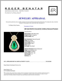 18K Gold 38.07ct Emerald & 15.00ctw Diamond Pendan