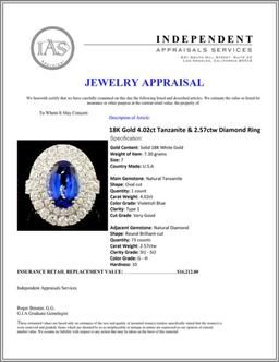 18K Gold 4.02ct Tanzanite & 2.57ctw Diamond Ring