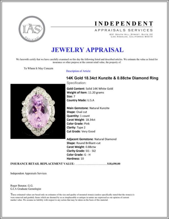 14K Gold 18.34ct Kunzite & 0.88ctw Diamond Ring