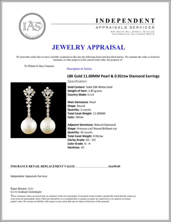 18K Gold 11.00MM Pearl & 0.92ctw Diamond Earrings