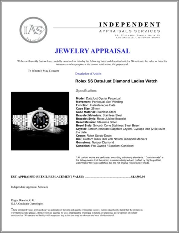 Rolex SS DateJust Diamond Ladies Watch